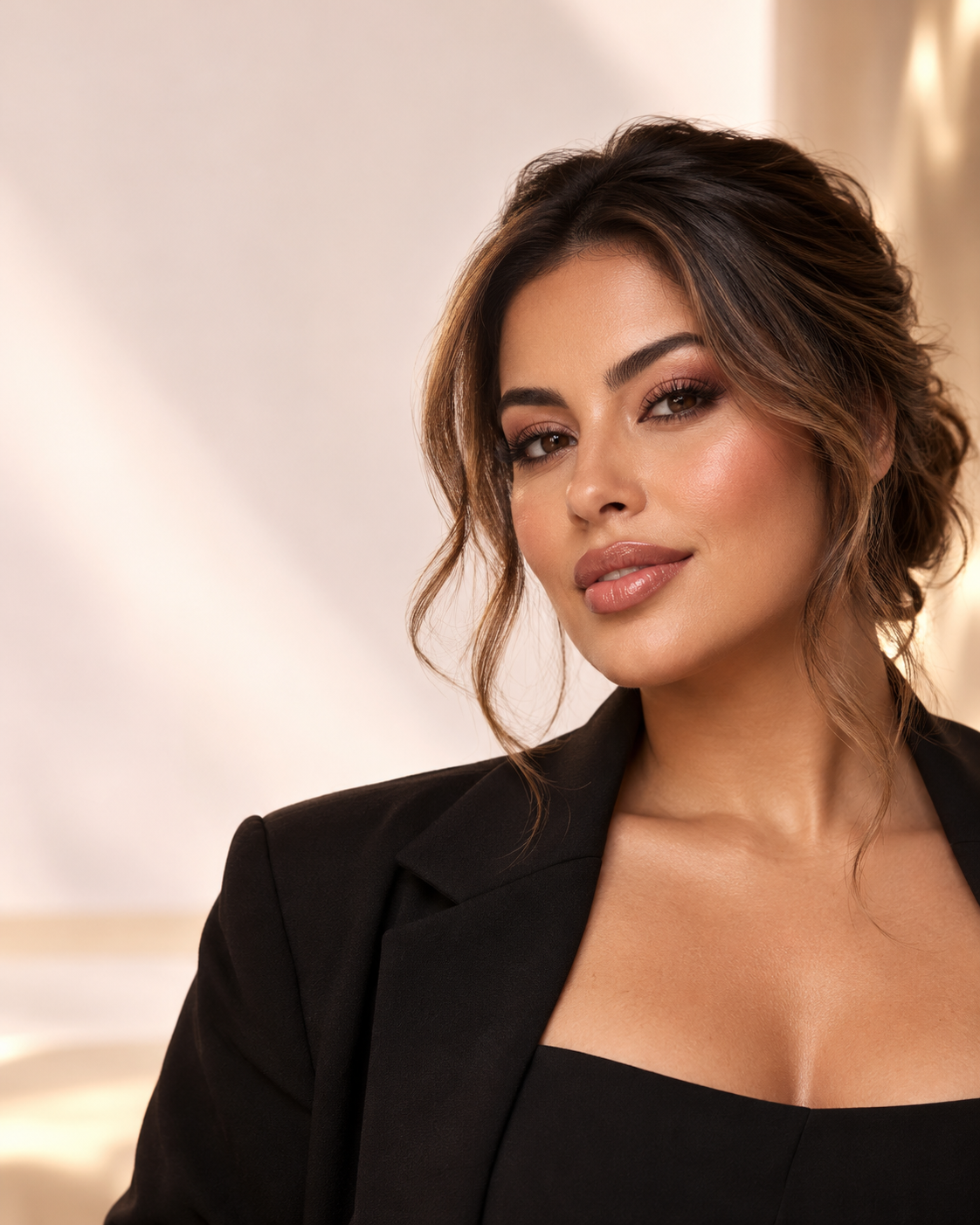 Mulher com maquiagem sofisticada em tons rosé